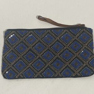 Live Love Loft Beaded Women’s Wristlet Blue Gold Diamond Leather Strap 10”x 5.75